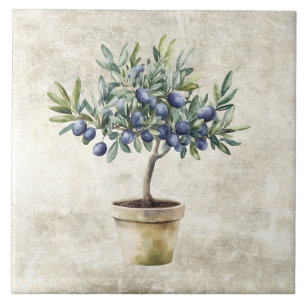 Watercolor Black Olives in Pot Faux Texture Tile