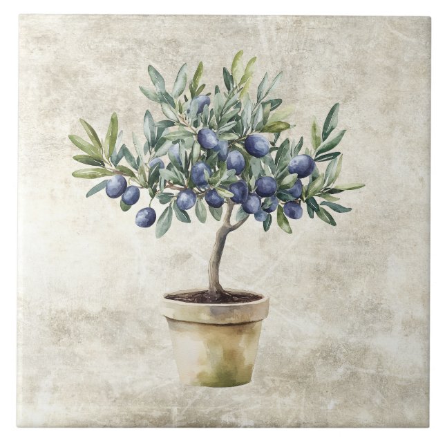 Watercolor Black Olives in Pot Faux Texture  Tile (Front)