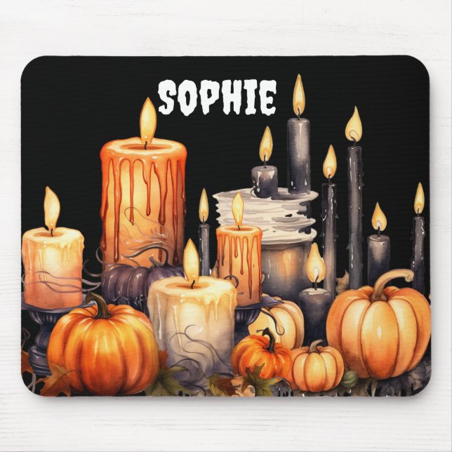 WATERCOLOR BLACK & ORANGE HALLOWEEN CANDLES MOUSE MAT (Front)