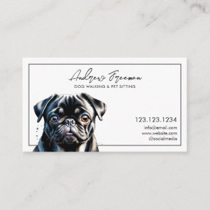Watercolor Black Pug Dog Walking Business Card