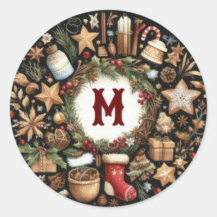 Watercolor Black Rustic Christmas Motifs Holiday Classic Round Sticker