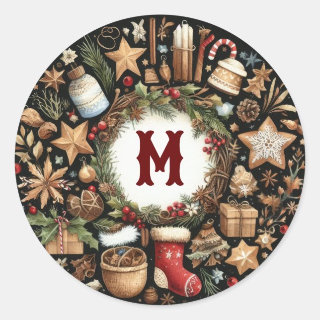 Watercolor Black Rustic Christmas Motifs Holiday Classic Round Sticker (Front)