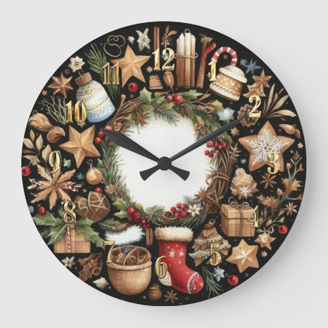 Watercolor Black Rustic Christmas Motifs Holiday Large Clock (Front)