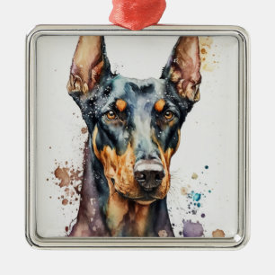 WATERCOLOR BLACK & TAN DOBERMAN PINSCHER DOG METAL TREE DECORATION