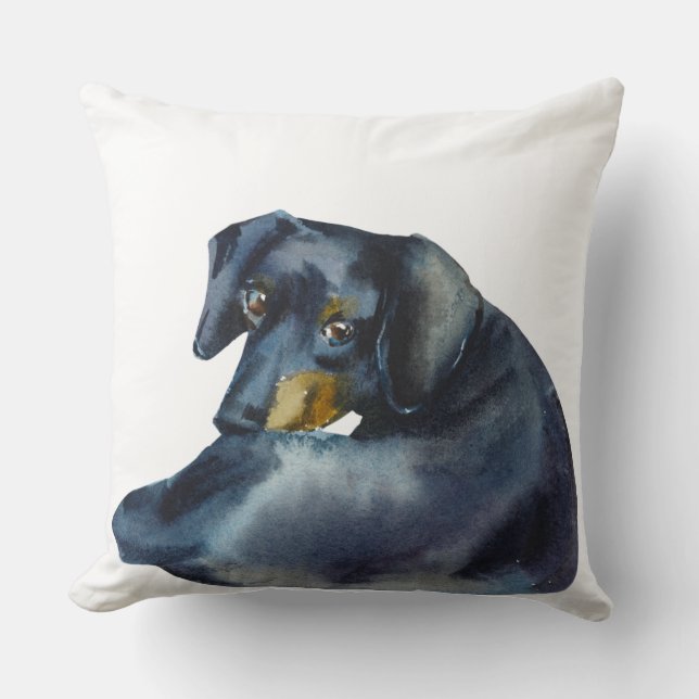 WATERCOLOR BLACK & TAN SMOOTH DACHSHUND DOG CUSHION (Front)