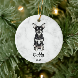 Watercolor Black White Chihuahua Name Dog Memorial Ceramic Tree Decoration