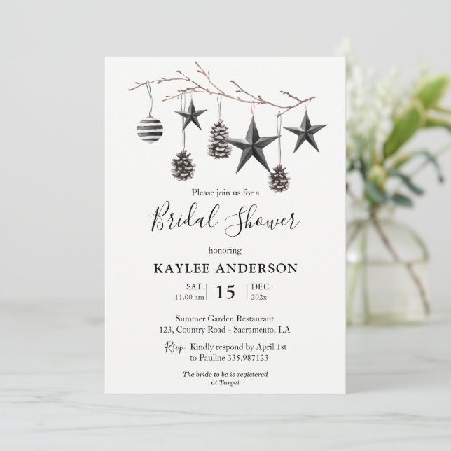 Watercolor Black White Christmas Bridal Shower Invitation (Standing Front)