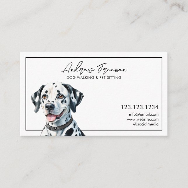 Watercolor Black & White Dalmatian Dog Walking Business Card (Front)