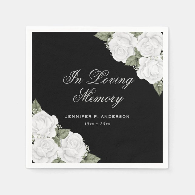 Watercolor Black White Floral Funeral Memorial Napkin (Front)