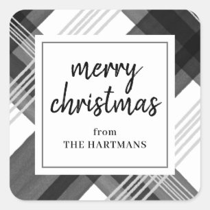Watercolor Black White Plaid Merry Christmas Name  Square Sticker