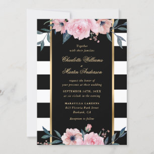 Watercolor Black White Stripe Pink Floral Wedding Invitation