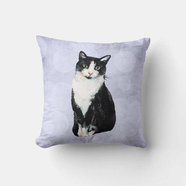 Watercolor Black & White Tuxedo Cat Cushion (Front)