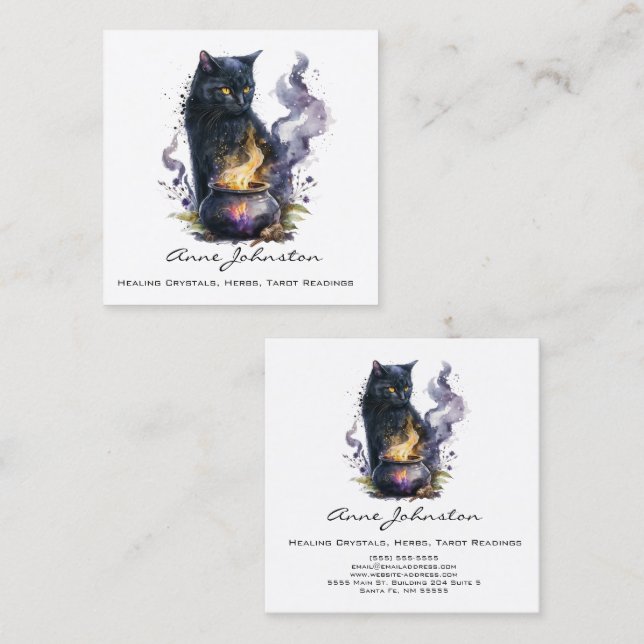 Watercolor Black Witches Cat Square Business Card (Front/Back)