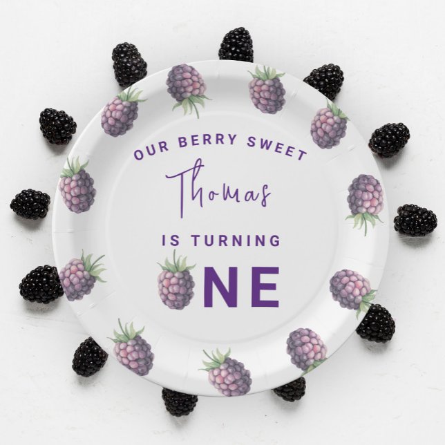 Watercolor blackberries 1st birthday party paper plate (Creator Uploaded)