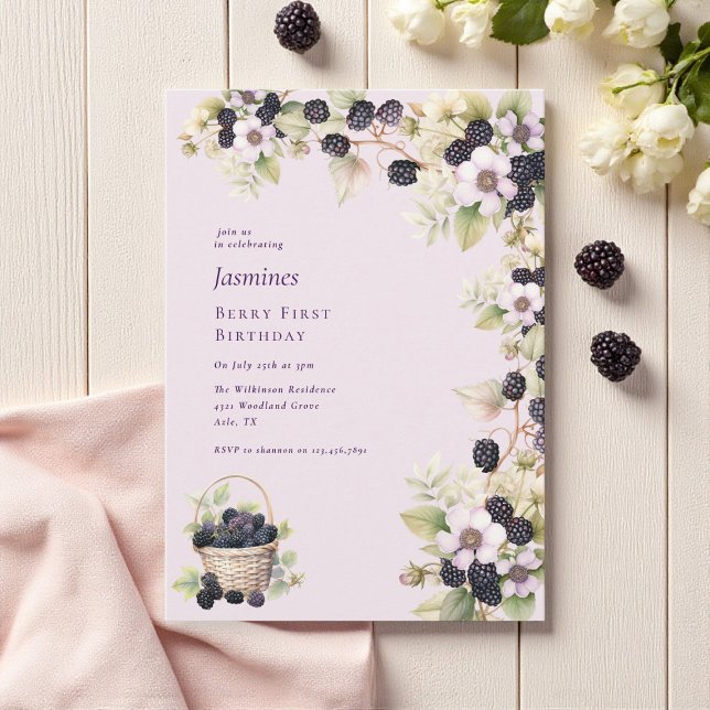 Watercolor Blackberry berry First Birthday Party Invitation (Creator Uploaded)