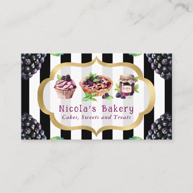 Watercolor Blackberry Cakes and Jam Bakery  Business Card (Front)