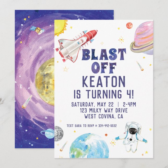 Watercolor Blast Off Space Birthday Invitation (Front/Back)