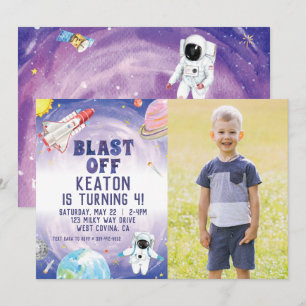 Watercolor Blast Off Space Birthday Invitation