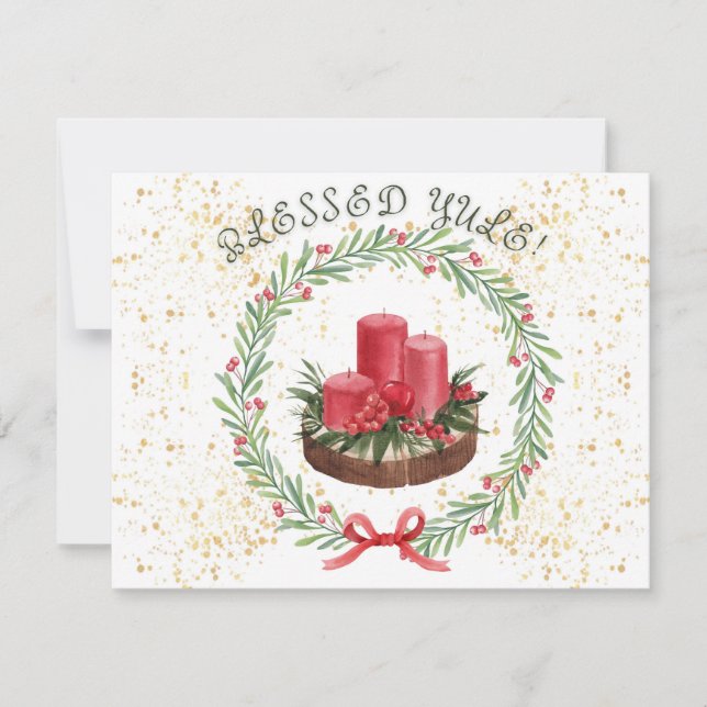 Watercolor Blessed Yule Candles Holiday Card (Front)