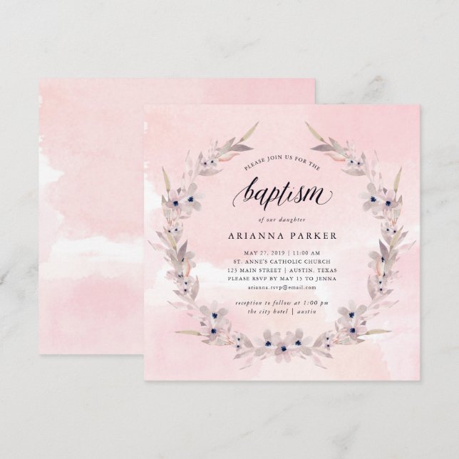Watercolor Bliss | Blush Pink Floral Baptism Invitation (Front/Back)