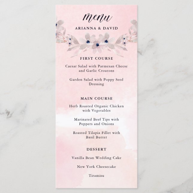 Watercolor Bliss | Blush Pink Floral Wedding Menu (Front)