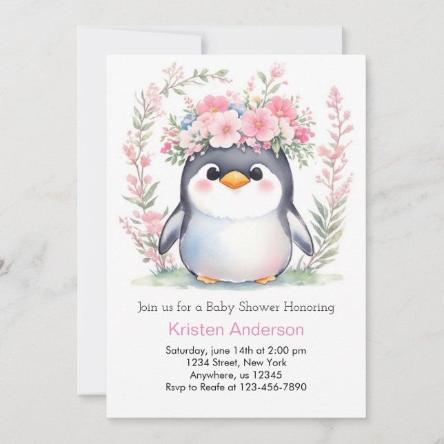 Watercolor Blissful Cute Penguin Girl Baby Shower Invitation (Front)