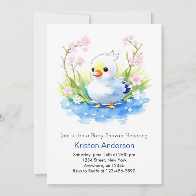 Watercolor Blissful Duckling Blue Boy Baby Shower Invitation (Front)