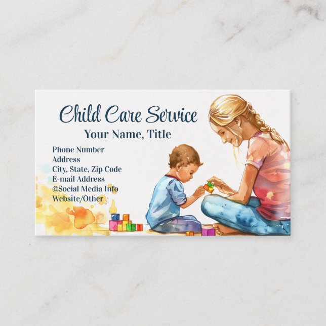 Watercolor Blocks Babysitter Childcare Therapist Business Card (Front)