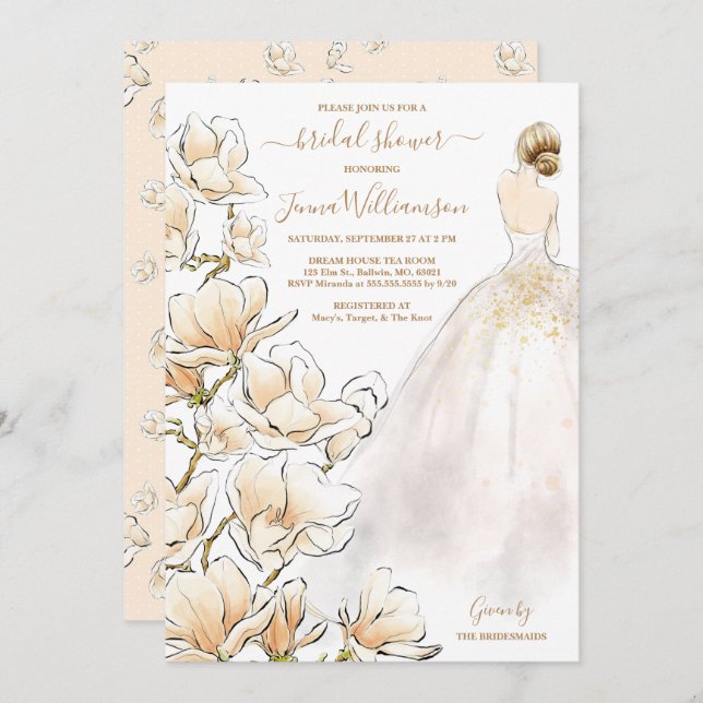 Watercolor Blonde Bride Magnolia Bridal Shower Invitation (Front/Back)