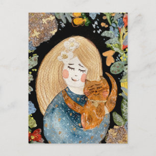 Watercolor blonde girl with ginger cat in flowers postcard