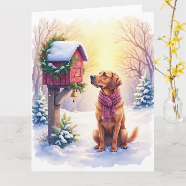 Watercolor Bloodhound Country Mailbox Christmas Card (Yellow Flower)