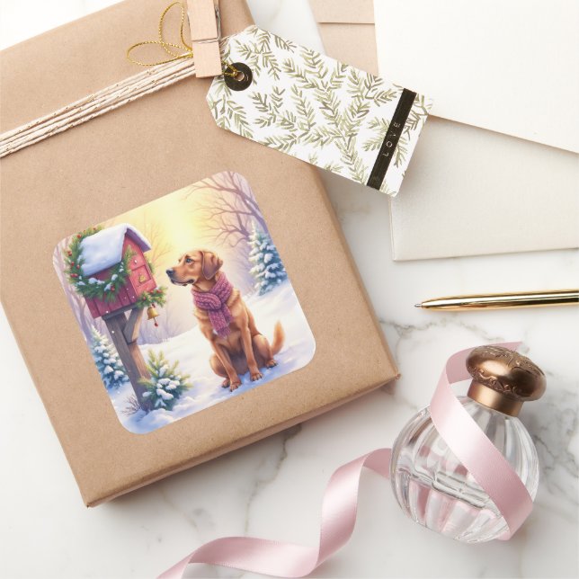 Watercolor Bloodhound Country Mailbox Christmas Square Sticker (Gifting)