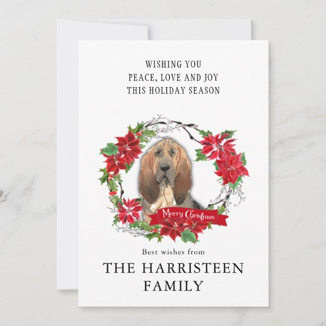 Watercolor Bloodhound Poinsettia Christmas Wreath Holiday Card (Front)