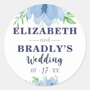 Watercolor Bloom Greenery Dusty Navy Blue Wedding Classic Round Sticker