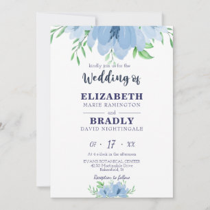 Watercolor Bloom Greenery Dusty Navy Blue Wedding Invitation