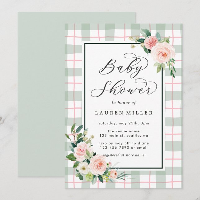 Watercolor Bloom | Pastel Plaid Baby Shower Invitation (Front/Back)