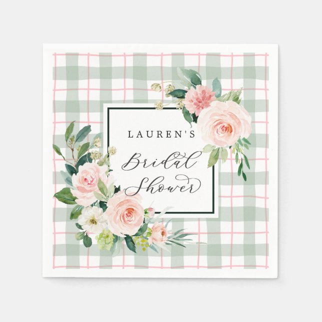 Watercolor Bloom | Pastel Plaid Bridal Shower Napkin (Front)
