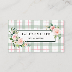 Watercolor Bloom   Pastel Plaid Business Card