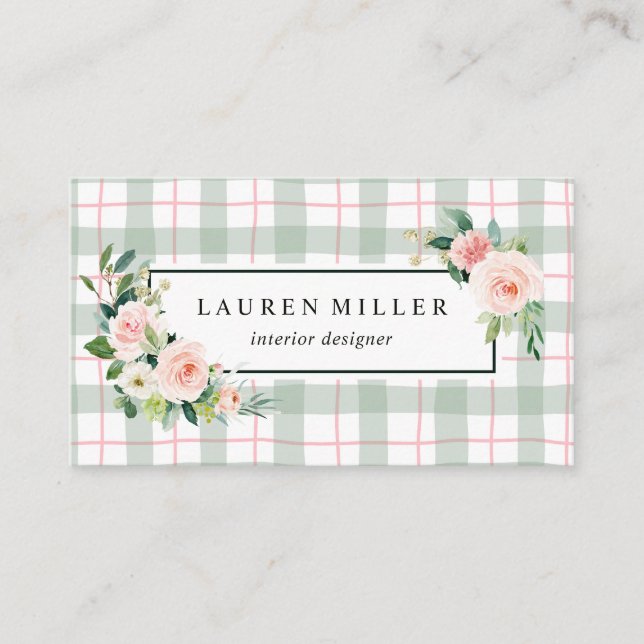 Watercolor Bloom | Pastel Plaid Business Card (Front)
