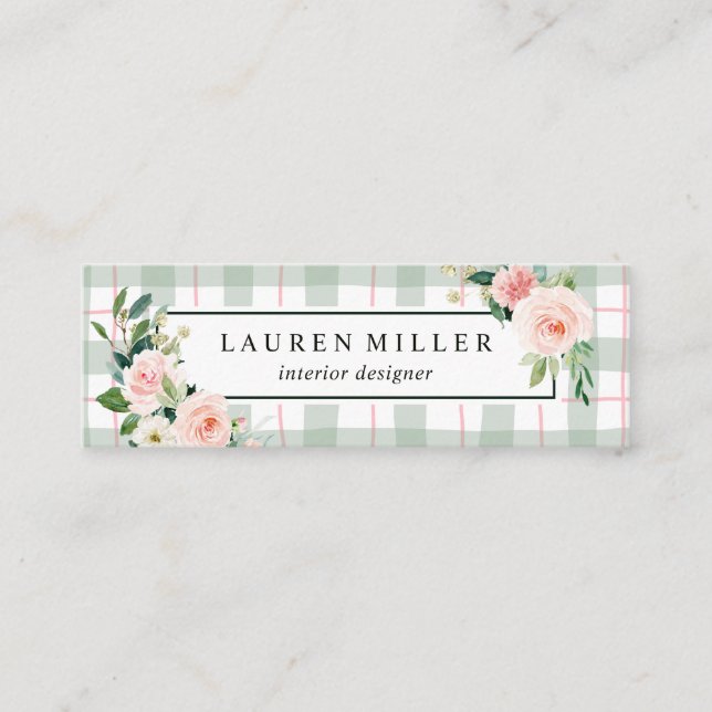 Watercolor Bloom | Pastel Plaid Mini Business Card (Front)