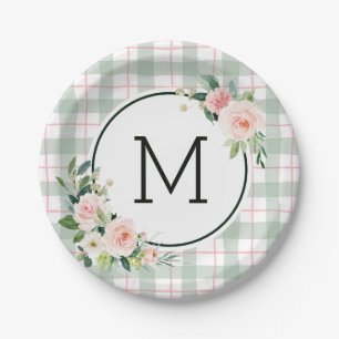 Watercolor Bloom   Pastel Plaid Monogram Paper Plate