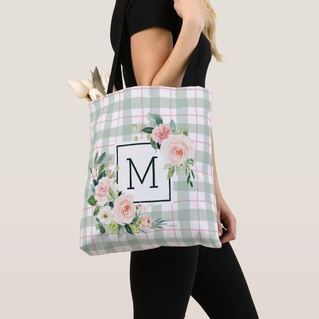 Watercolor Bloom | Pastel Plaid Monogram Tote Bag (Close Up)