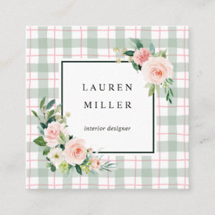 Watercolor Bloom   Pastel Plaid Square Business Card