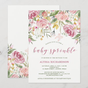 Watercolor Bloom Pink Gold Floral Baby Sprinkle Invitation