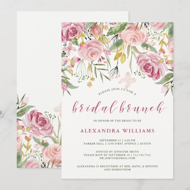 Watercolor Bloom Pink | Gold Floral Bridal Brunch Invitation (Front/Back)