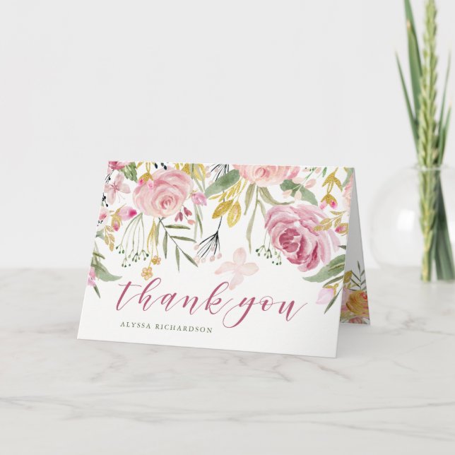 Watercolor Bloom Pink | Gold Floral Thank You Card (Front)