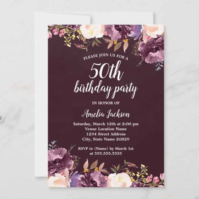 Watercolor Bloom Purple Floral 50th Birthday Party Invitation (Front)