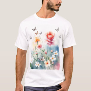 Watercolor Blooming Garden with Butterflies T-Shirt