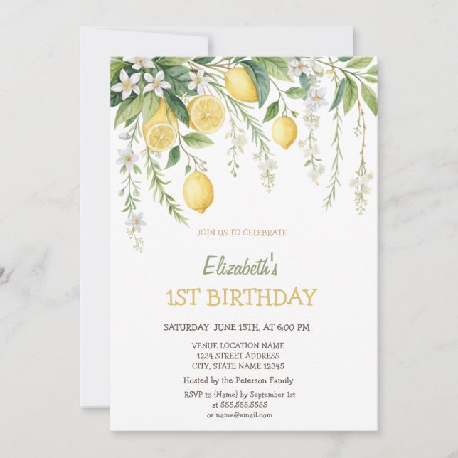 Watercolor Blooming Lemons Birthday  Invitation (Front)
