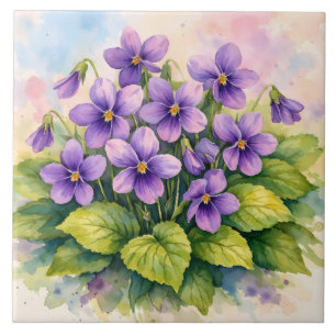 Watercolor Blooming Purple Violets Tile